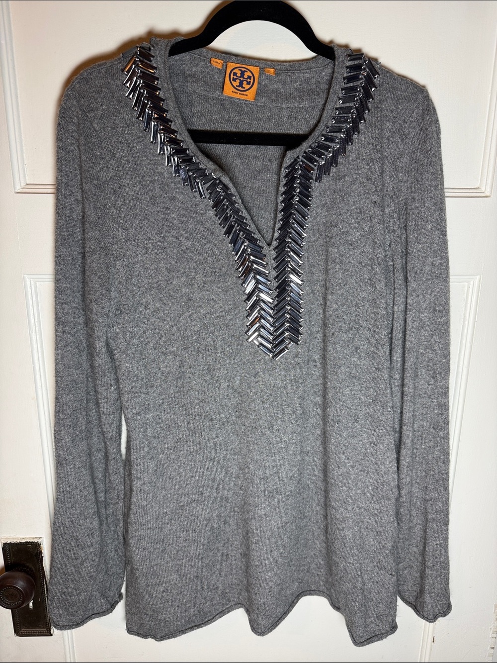 Tory Burch Gray V‑Neck Sweater with Silver Beaded Trim